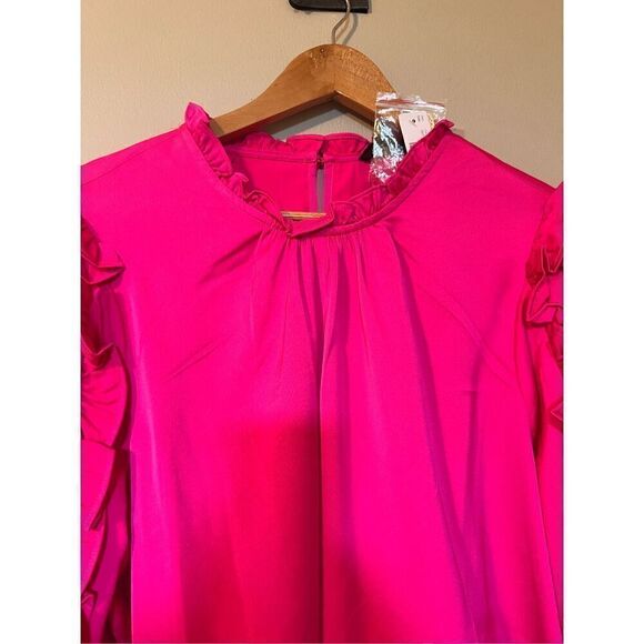 J. Crew XXL Ruffle Sleeve Top Fuschia Hot Pink Satin Crepe Feminine Coquette New - Picture 11 of 14